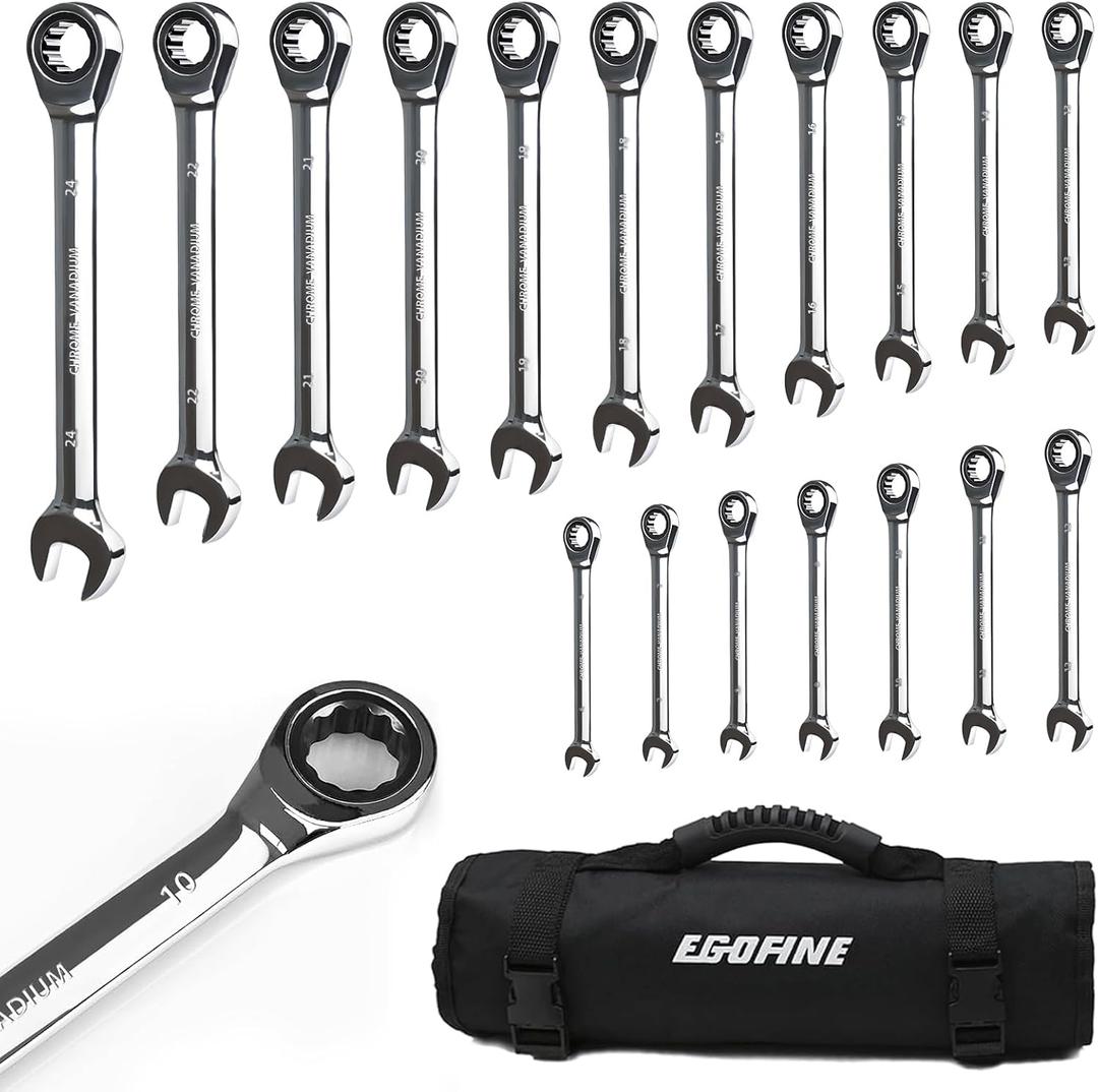 Egofine Ratcheting Wrench Set, 6 mm - 24 mm Metric Wrench Set 18pc, 72 Teeth Combination Wrenches Set, Chrome Vanadium Steel with a Roll Up Storage Bag