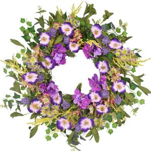 24 Inch Spring Wreaths for Front Door, Summer Door Wreath Outside, Artificial Purple Hydrangea Wreath for Home Wall Indoor Decor