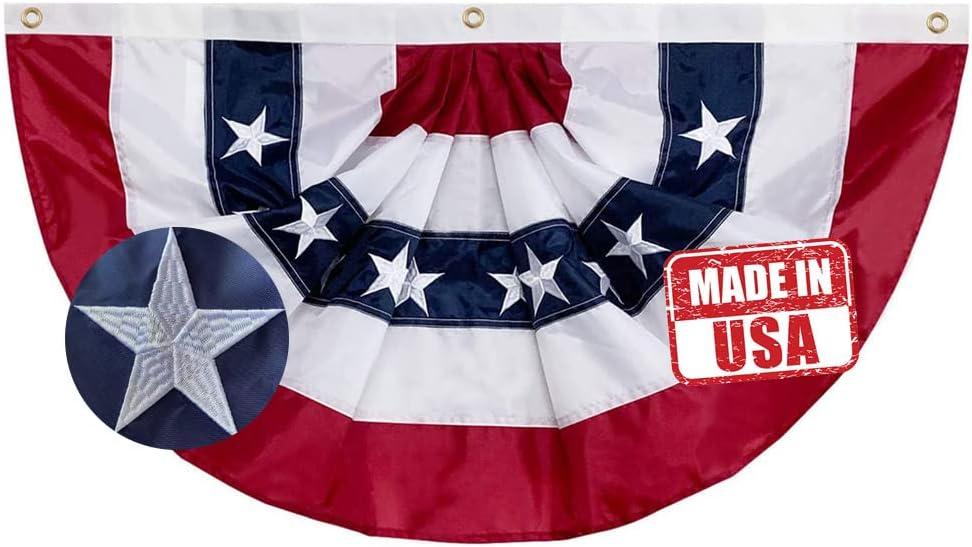 Jayus US Bunting Flag 3x6 FT - Embroidered Stars USA American Pleated Fan Flag - Patriotic Half Fan Banner with 3 Brass Grommets for 4th of July & Memorial Day Party Outdoor