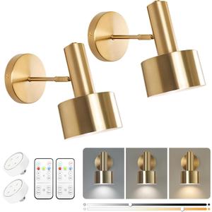 Battery Operated Wall Lights Set of 2, Wireless Battery Powered Wall Sconce, Modern Metal Indoor Wall Lamp, Dimmable with Remote, Suitable for Living Room Bedroom Golden-Like Brass Finish