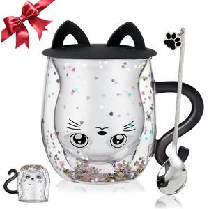 Gifts for Women Cat Gifts Double Walled Glass Coffee Latte Cup Cute Stuff Black Cat Mug Gifts for Her Christmas Stocking Fillers,Birthday,Valentines,Halloween Presents for Women,Men,Kid,Mum,Teacher