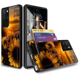 BVDIKMI Case for Samsung Galaxy S21 Ultra 5G with Hidden Credit Card Slot Holder Case Dual Layer Hybrid Shockproof Soft Silicone TPU + Anti-Scratch Hard PC Flip Wallet Cover, Sunset Sunflower