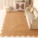 Scalloped Natural Jute Area Rug 8x10ft Handwoven Natural Fiber Rug for Living Room, Bedroom, and Entryway, Rustic & Boho Style