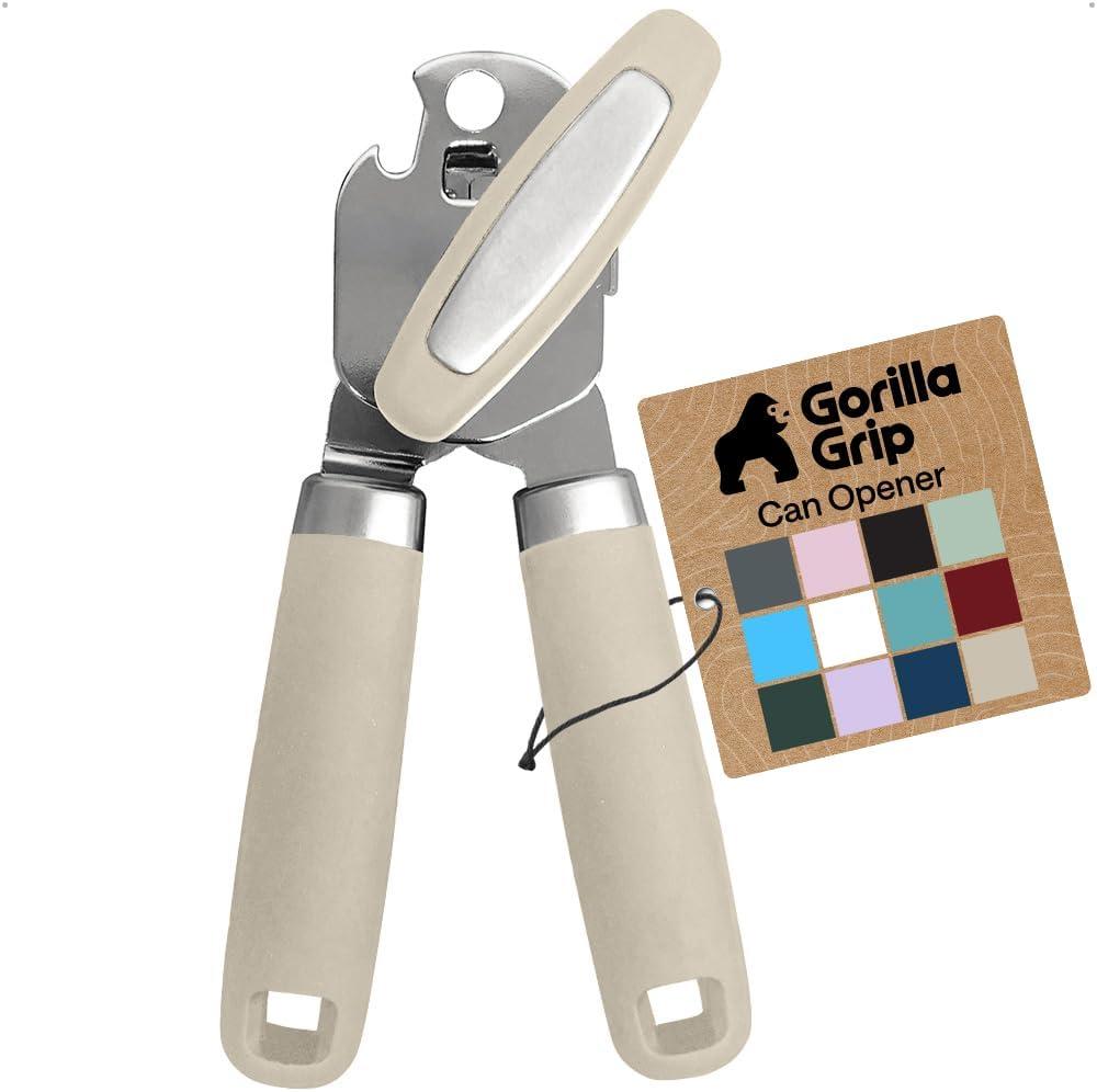 GORILLA GRIP Heavy Duty Stainless Steel Smooth Edge Manual Can Opener and Bottle Openers, Soft Comfortable Handle, Oversized Handheld Turn Knob, US Designed Multifunctional Kitchen Tool, Almond