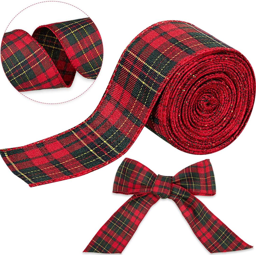 Christmas Wired Edge Plaid Ribbon 2.5 Inches Black and White Buffalo Wrapping Ribbon Gingham Ribbon for Christmas Tree Wreath Gift Wrapping, Crafts, and Decorations(Red with Green and Gold Line Plaid)