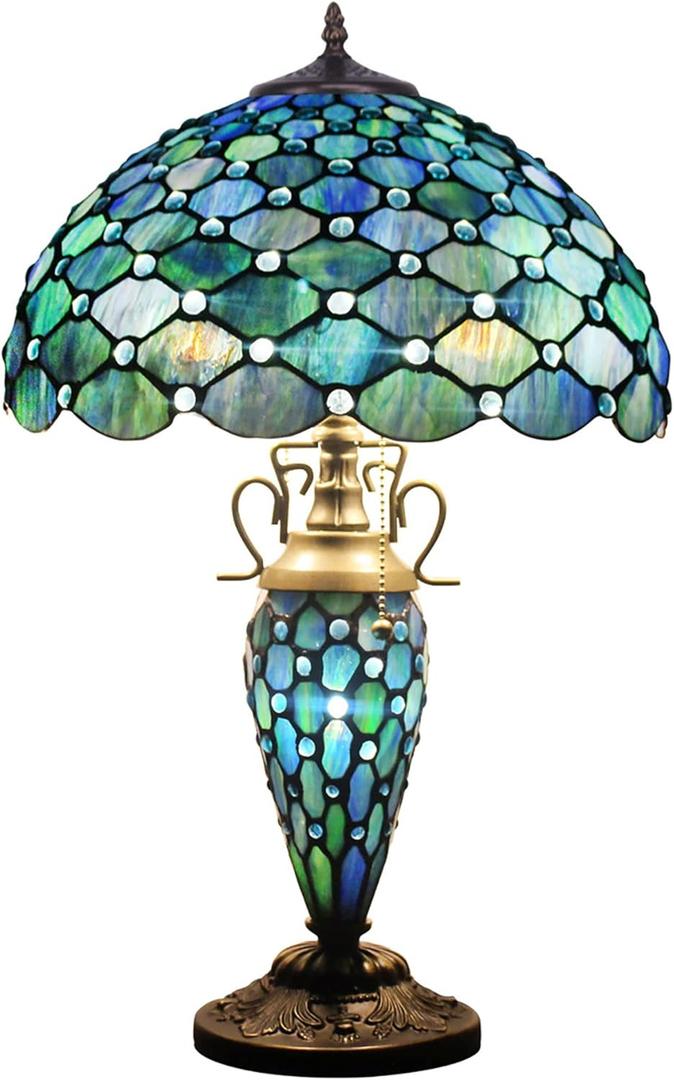 Tiffany Table Lamp Stained Glass Lamp 16X16X24 Inch Mother Daughter Antique Reading Lamp with Night Light (Sea Blue Pearl)