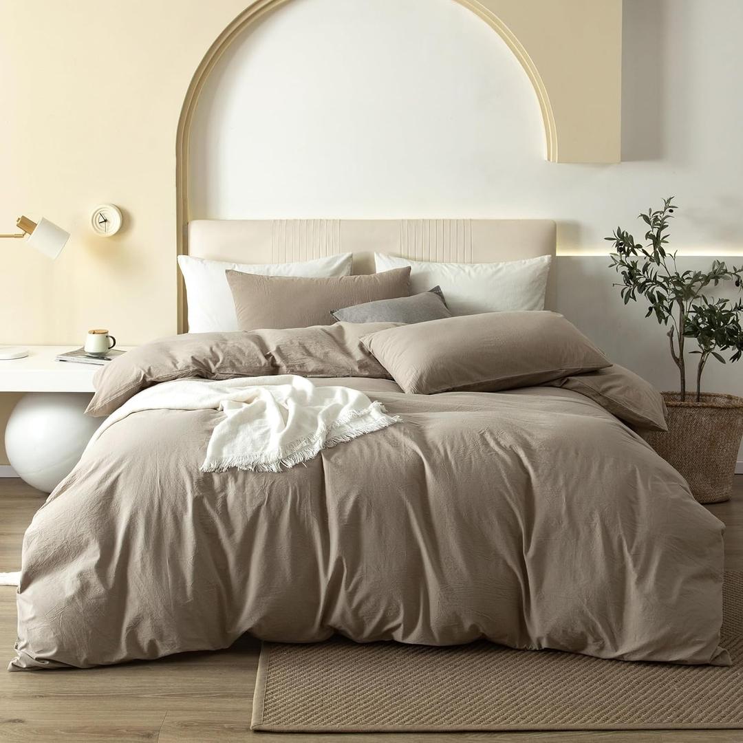 JIYUAN 100% Washed Cotton Duvet Cover Set 3 Pieces Oversized King, 1 Duvet Cover 120x98 Inches(Comforter Not Included) and 2 Pillowcases,Linen Feel Bedding Set Comfy and Breathable,Khaki