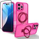 AIGOMARA Phone Case for iPhone 16 Pro Max [Compatible with MagSafe] Hot Pink Magnetic Kickstand Case with Screen Protector Soft TPU + Hard PC Shockproof Anti-Scratch Cover for Women Men