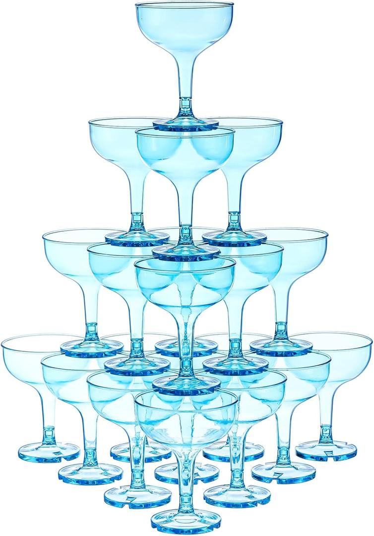 Zopeal 50 Pcs Champagne Glasses 5 oz Unbreakable Plastic Martini Glasses Disposable Wine Cups Stackable Stemmed Champagne Coupe Party Stem Cups for Valentine's Day Wedding Birthday Bar (Blue)