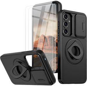 for Samsung Galaxy A35 5G Phone Case [Slide Camera Cover] with 2X Tempered Glass Screen Protector, [15 FT Military-Grade Drop Protection] Shockproof Kickstand Case for Samsung Galaxy A35 5G (C Black)
