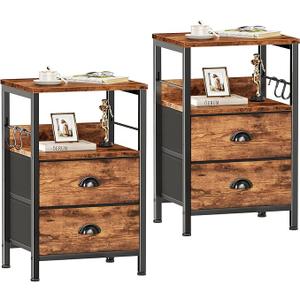 Furologee Night Stand Set of 2, Nightstand with 2 Fabric Drawers, Bed Side Table with Open Shelf, Wooden Top, Hooks, Backboard Design, End Table for Bedroom, Study, Hallway, Brown