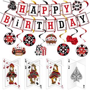 Outus 17 Pieces Casino Poker Theme Party Decorations Casino Birthday Banner Hanging Swirl 3D Table Toppers Decorations for Poker Party Supplies