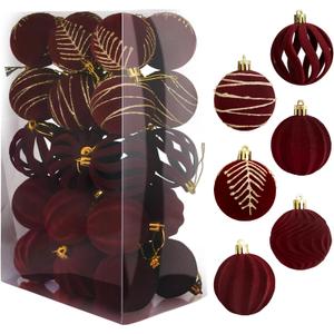 2.36 Inch Burgundy Velvet Christmas Ornaments, 30PCS Flocked Plastic Balls with 6 Patterns, Vintage Christmas Ornaments for Living Rooms, Bedrooms and Christmas, New Year (Red)