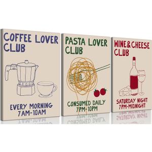 3Pcs Hand Drawn Kitchen Canvas Wall Art Vintage Funny Club Wall Decor Pictures Mid Century Modern Food Lover Posters Prints for Bar Dining Room Living Room Kitchen Home Decorations (24"L x 16"W)