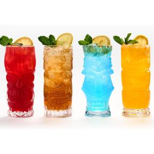 Set of 4, 16 Oz Clear Tiki Cups Tumbler Glass Set, Modern Tropical Tiki Bar Party Beverages Iced Tea