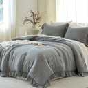 Grey Ruffle Comforter Set King, Pre-Washed Shabby Chic Bedding Set, Lightweight Cottagecore Soft Romantic Cozy 1 Comforter & 2 Shams, All-Season