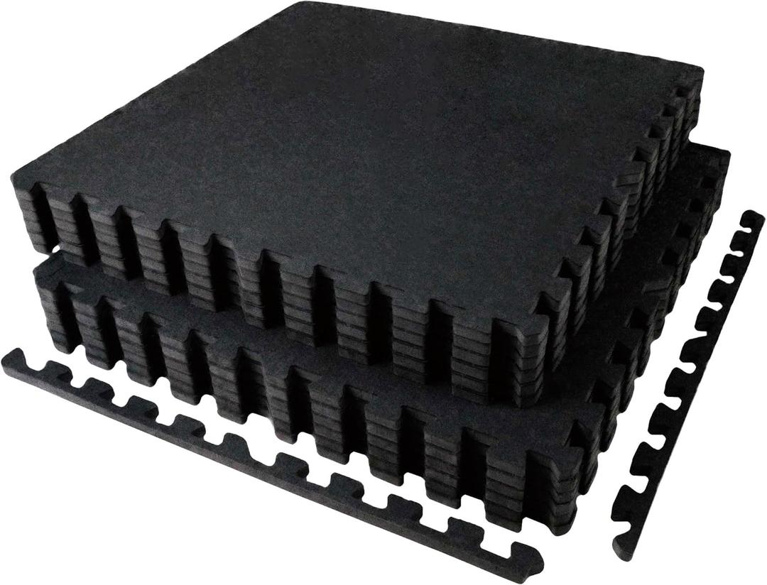 0.56in Thick 48 Sq Ft Exercise Equipment Mats, 12 Tiles Upgraded Rubber Top with High Density EVA Foam, Large Interlocking Puzzle Gym Flooring for Home Gym, Heavy Weight Workout,Black (48 Sq Ft (12 Tiles), Black/No Dots)