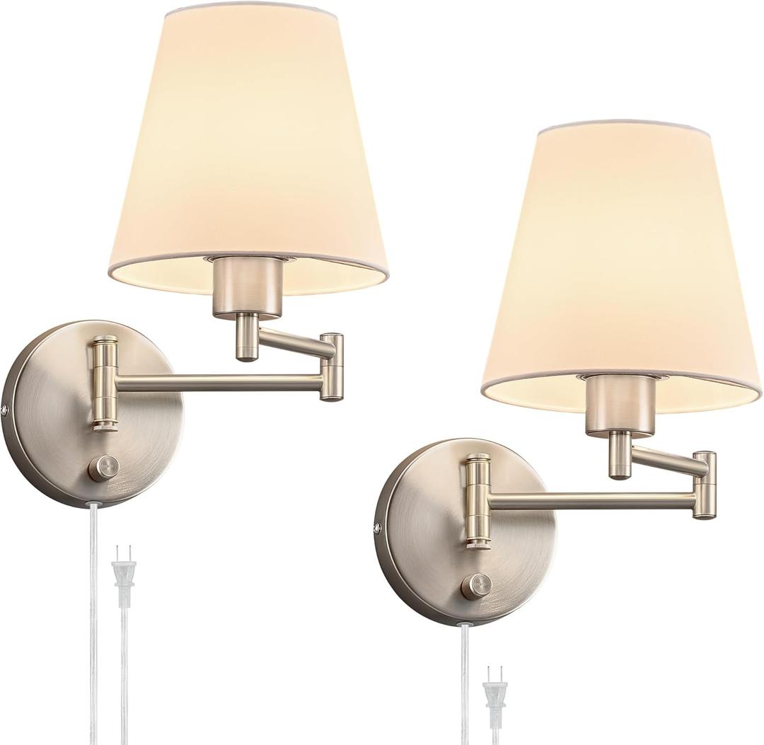 VONLUCE Wall Sconce Set of 2, Plug in & Hardwired Swing Arm Wall Lamps, Adjustable Wall Mounted Lighting Fixtures, Modern Wall Lights with Nickel Base White Fabric Shade for Bedside, Hallway, Study