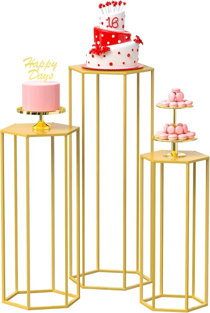 Wokceer Hexagon Pedestal Stand Cylinder Stands for Party 35.43" Set of 3 Nesting Display Cylinder Tables for Parties Wedding Living Room Patio Decor Gold