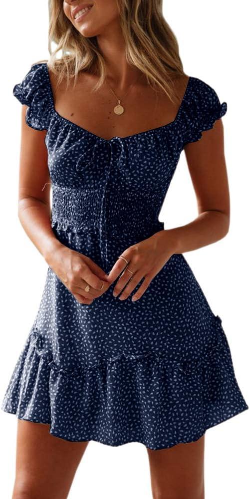 YOBECHO Womens Summer Ruffle Sleeve Sweetheart Neckline Printing Dress Mini Dresses M