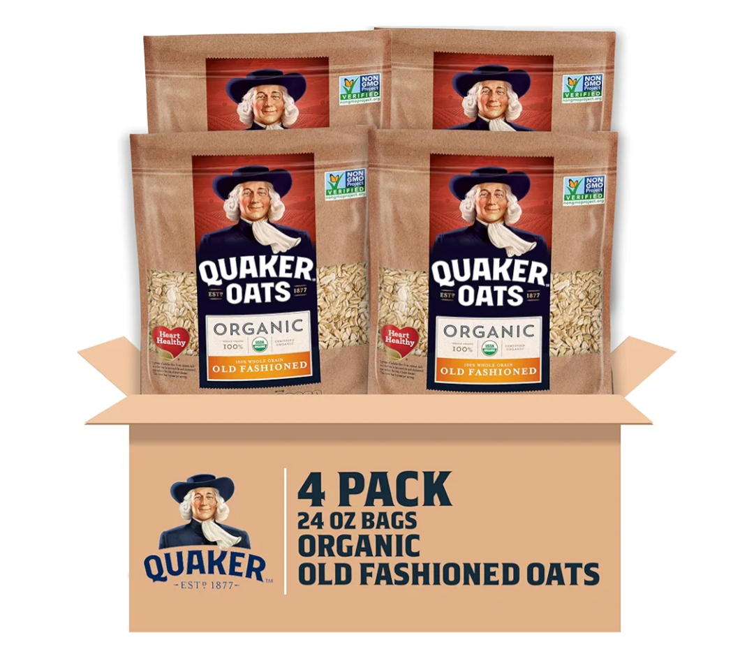 Quaker Old Fashioned Rolled Oats, USDA Organic, Non GMO Project Verified, 24oz Resealable Bags (Pack of 4), Best By: 01/18/26