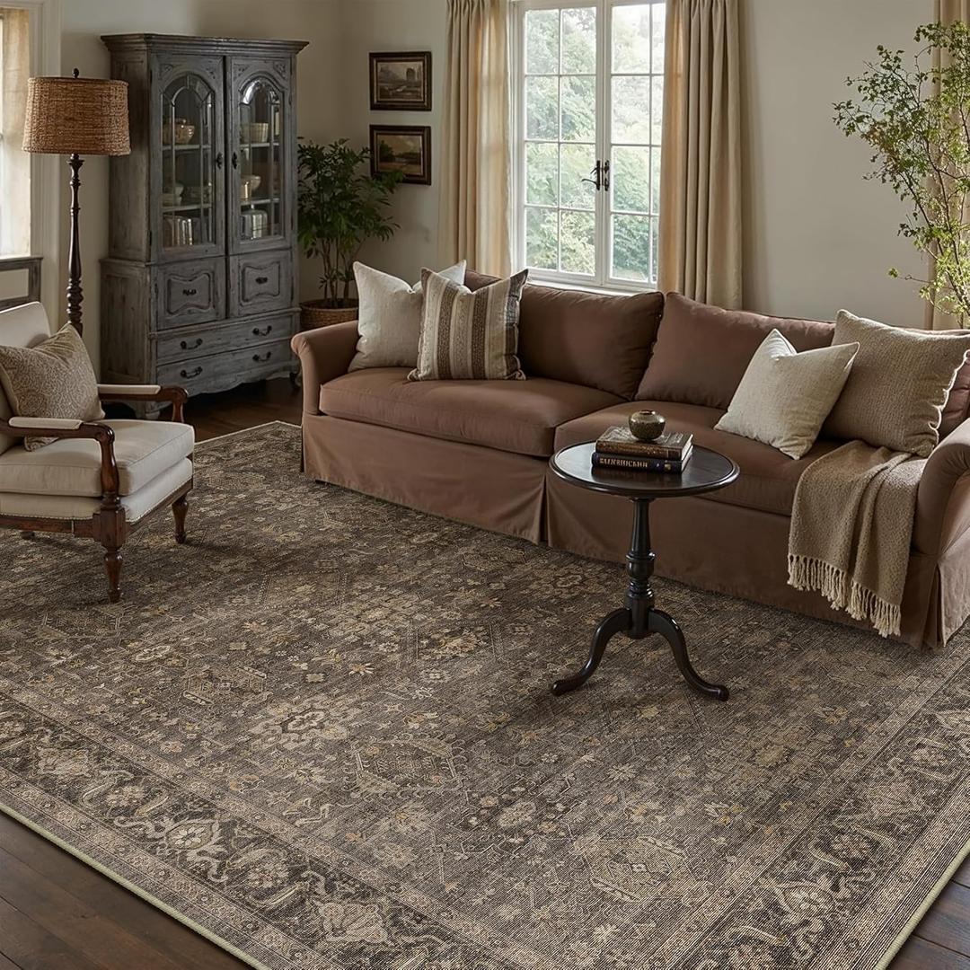 6x9 Washable Area Rug for Living Room Bedroom Vintage Brown Carpet Soft Low Pile Traditional Retro Non Slip Throw Rug for Dining Room Entryway Indoor Dorm Kitchen