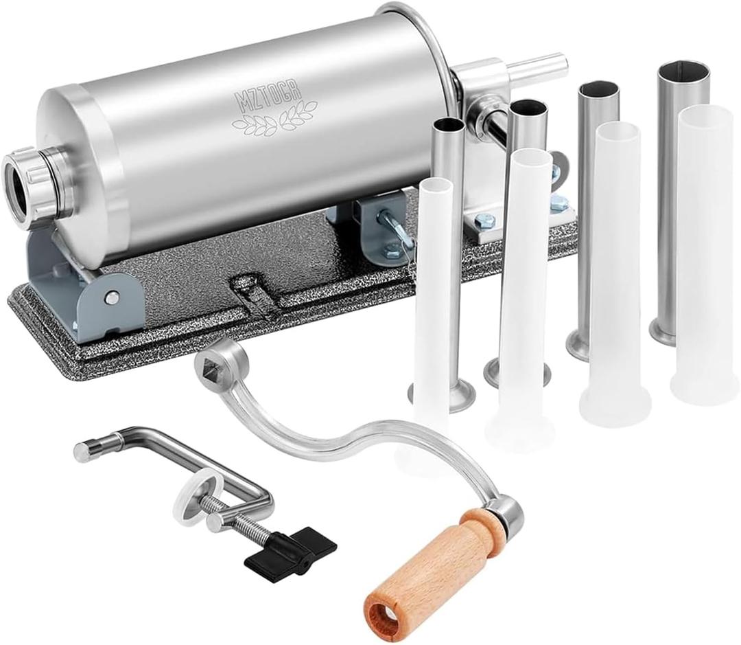 Sausage Stuffer, 2.5LBS Stainless Steel Horizontal Sausage Maker, Homemade Manual Meat Filling Kitchen Machine with 8 Stuffing Tubes