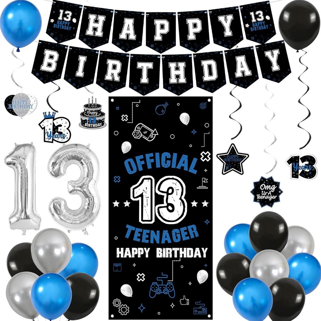 Vlipoeasn Happy 13th Birthday Decoration for Boys Girls, Black Blue Official Teenager Backdrop Banner, Cake Topper, Hanging Swirls, 13 Year Old Birthday Party Decor Supplies