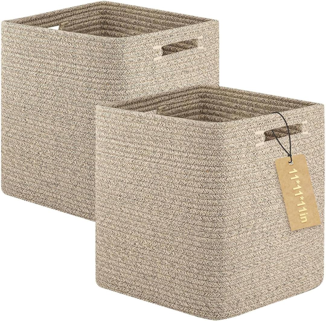 OIAHOMY Storage Cubes, 11 Inch Cube Organizer, Collapsible Storage Bins, Baskets for Organizing, Bins for Shelves-Brown, 2-PACK