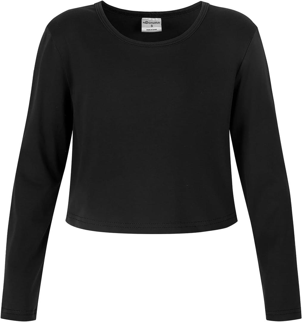 Noomelfish Girls Long Sleeve Crop Tops Kids Cute Dance Cropped T-Shirts, Black, Size 11-12 Years
