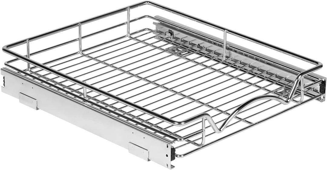HOLDN STORAGE Pull Out Cabinet Organizer - Heavy Duty Steel with Smooth Slide-Out Drawers, Chrome Finish - 14" W x 17" D Basket, Fits 15.25" Cabinet Opening