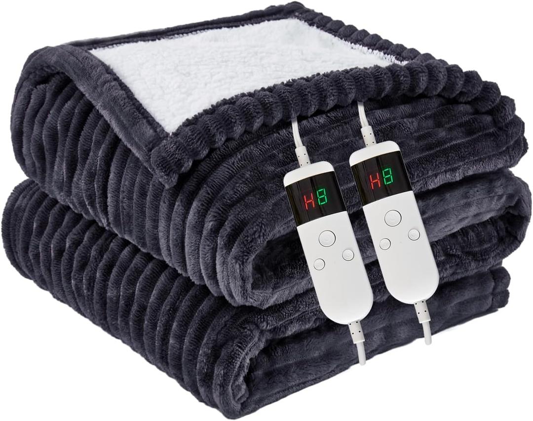 Heated Blanket Electric Queen, Soft Flannel Heating Blanket with 8 Hours Auto Off 10 Fast Heating Levels Machine Washable Sherpa Heated Blanket with Overheating Protection