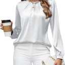 Blooming Jelly Womens Dressy Business Casual Blouse Pleated Long Sleeve Tops Satin Silk Work Shirt Fall Outfits 2025 (Small, White)