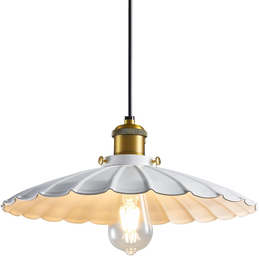 Pendant Light Fixture, White Farmhouse Vintage Pendant Light 15.7 Inch Lampshade with Adjustable Light Cord Kitchen Hanging Lights Retro Island Pendant Lights for Kitchen (400mm)