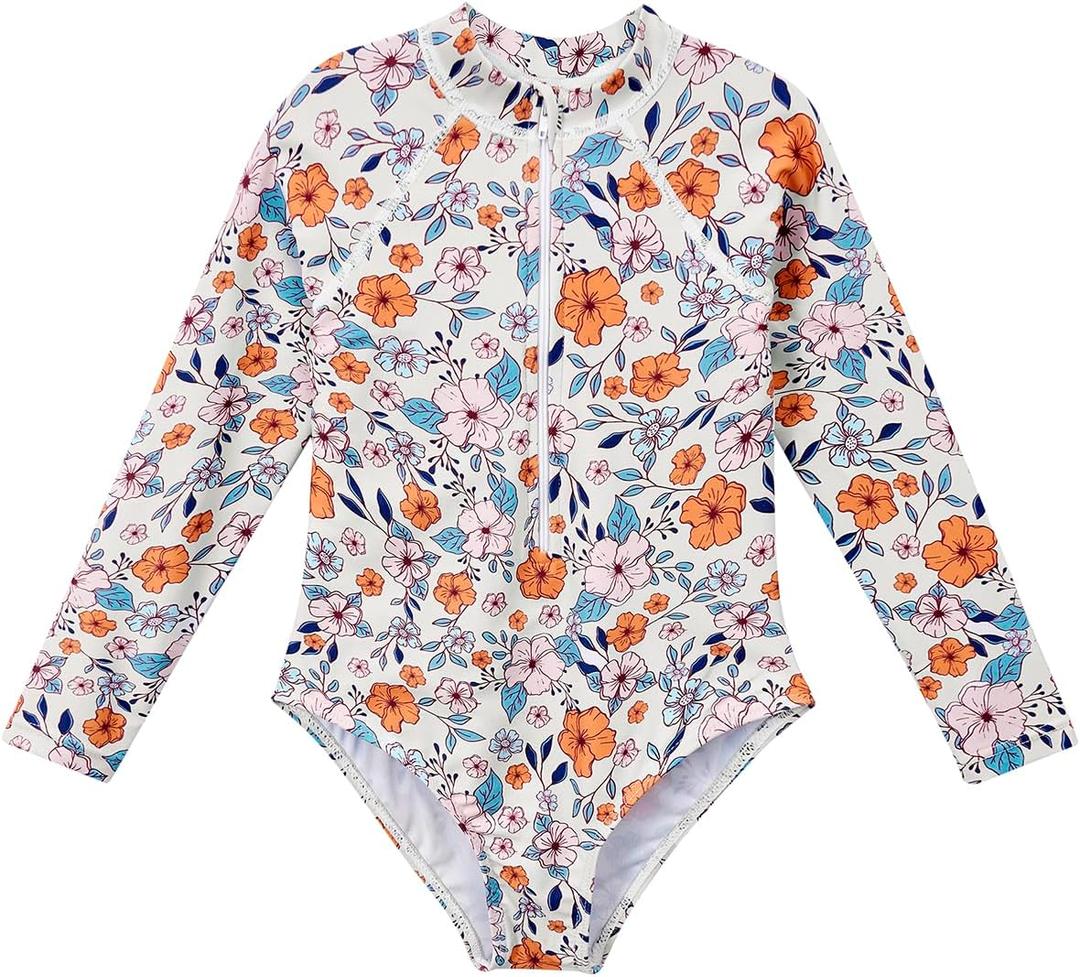 Century Star UPF 50+ Girls Long Sleeve Swimsuit - Rash Guard Swimsuit Toddler Kids Teen One Piece Bathing Suit Zip 2-3T (01 Orange Flower)
