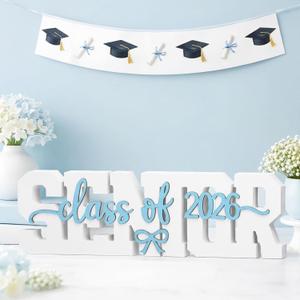 BreezeHug Large Senior 2026 Sign Class of 2026 Sign Senior Night Letter Wooden Table Decor Coquette Blue Bow Photo Booth Props Graduation Party Table Centerpieces Decoration for High School