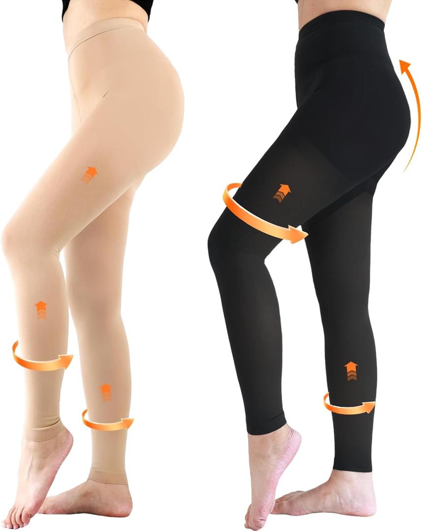 2 Pairs 20-30mmHg Compression Pantyhose for Women, Medical Graduated Compression Stockings Leggings Footless Support Compression Tights for Varicose Veins, Swelling, Edema (X-Large, Footless/Black+Beige)