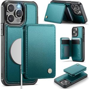 Compatible with Magsafe for iPhone 13 Pro Wallet Case Magnetic Card Holder, RFID Blocking 2 in 1 Detachable Kickstand Shockproof Case for Women Men, Bluish Green
