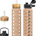 MUKOKO Glass Water Bottles, 32oz Glass Tumbler with Straw, Drinking Bottles with 2 Lids-Handle Spout Lid&Bamboo Straw Lid, Motivational Water Bottle with Time Marker and Silicone Sleeve, 1 Pack-Amber