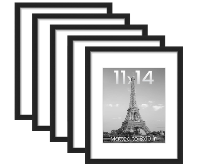 UPSIMPLES 11x14 Picture Frame Set of 5, Display Pictures 8x10 with Mat or 11x14 Without Mat, Wall Gallery Photo Frames, Black