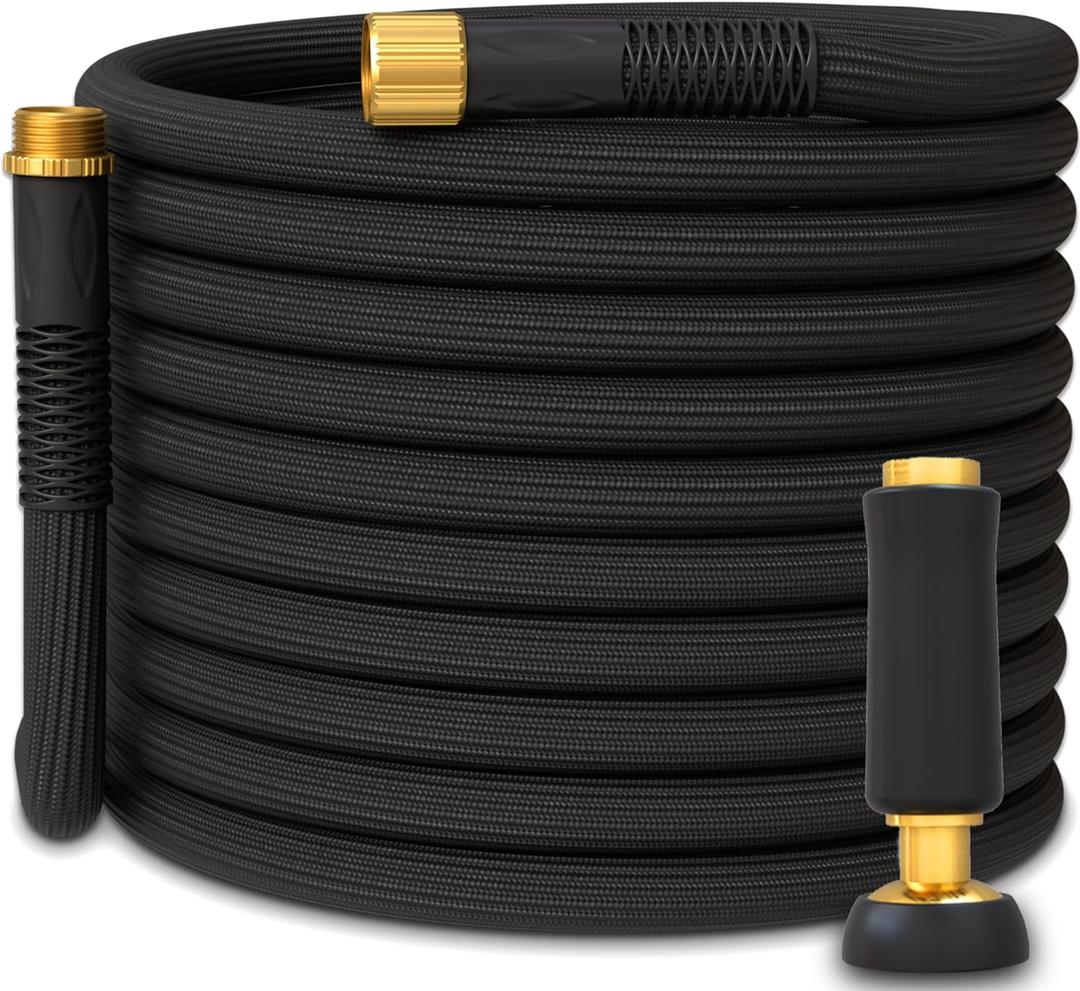 TITAN Garden Hose | Flexible, Lightweight, Kink-Free & Durable Hybrid Water Hose with Heavy Duty Brass Connectors & High-Pressure Jet Nozzle (50FT x 1/2) (Black)