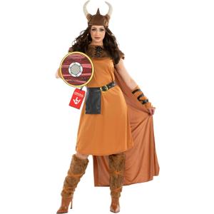 fun shack Adult Viking Costume Women Warrior, Medieval Barbarian Outfit for Women, Historical Warrior Dress (Small, Brown)