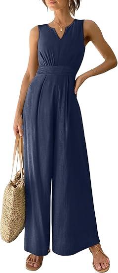 ANRABESS Jumpsuits for Women Summer Dressy Casual Linen Romper Sleeveless V Neck High Waist Wide Leg Beach Vacation Outfits L