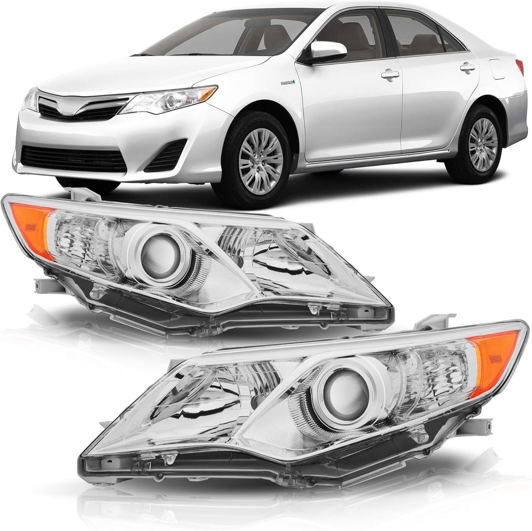 Headlight Assembly Compatible with 2012 2013 2014 Toyota Camry L/LE/XLE/Hybrid LE XLE Halogen Headlamp, Chrome Housing Amber Reflector