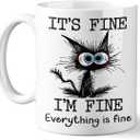 Funny Black Cat Coffee Cups, Its Fine Everything is Fine, Christmas Birthday Gifts for Cat Lovers, Funny Coffee Mug for Women, Men, Humor Office Mug, 11 Oz Ceramic Coffee Mugs (Color 3)