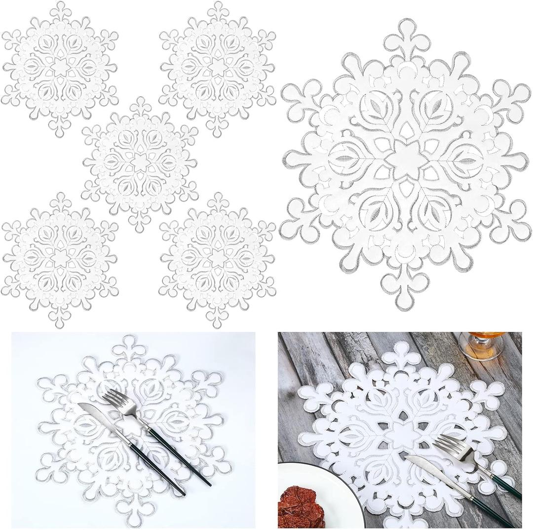 Christmas Snowflake Placemats Set of 6 White Winter Embroidered Table Placemats Washable Round Snow Flake Table Mats for Xmas Party Holiday Wedding Dinner Decoration(Snowflake Style, 14 x 14 Inch)