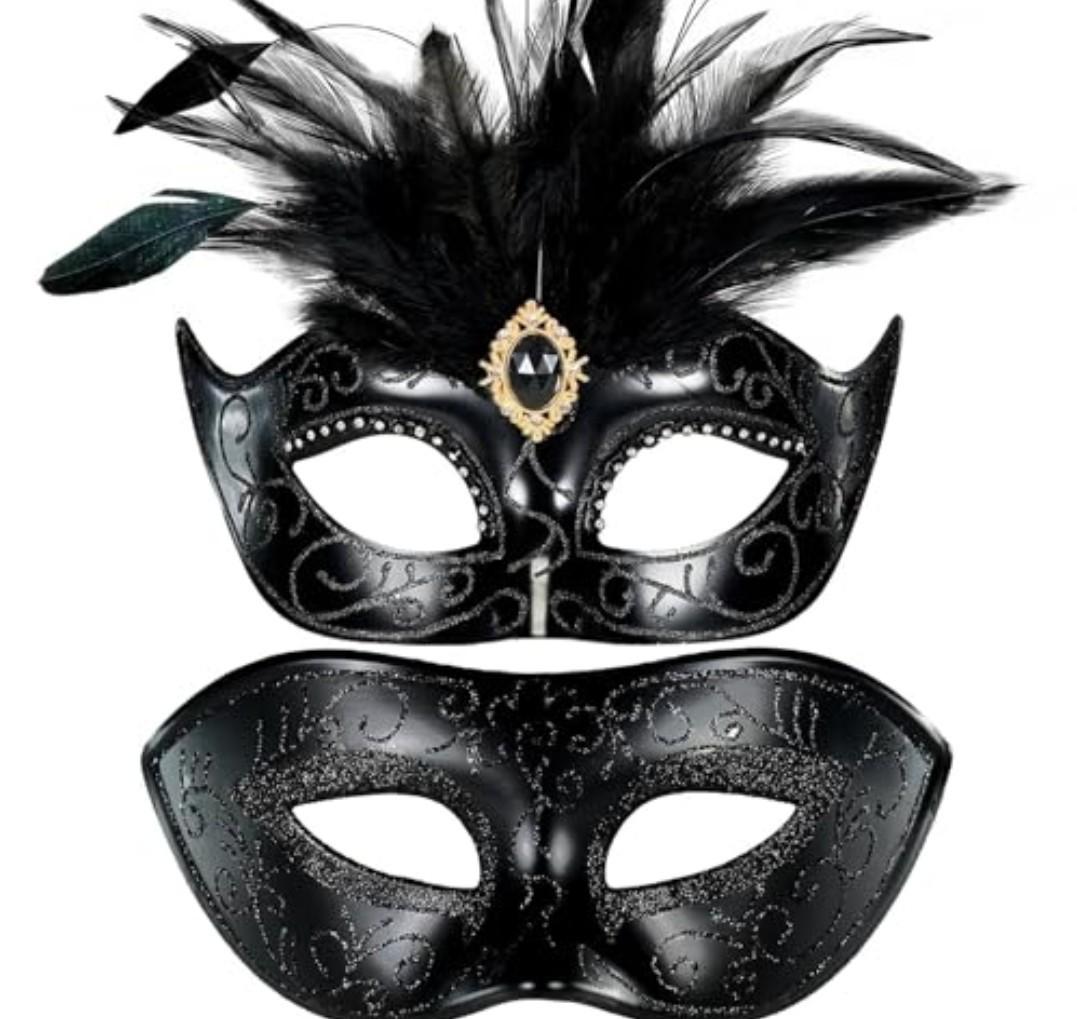 MYSEUNI 2025 Black Masquerade Mask for Couple - Womens Venetian Carnival Mask with Feather- Adjustable Headband for Halloween, Mardi Gras