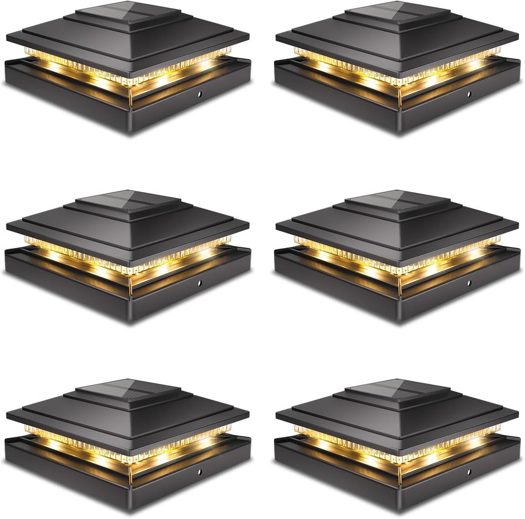 Post Caps Lights Outdoor 6pack, Waterproof Fence Post Solar Lights for 4x4 5x5 6x6 Wood/Vinyl Posts, Black Solar Deck Post Lights with 2 Color Modes Decorate Garden Patio Porch Backyard