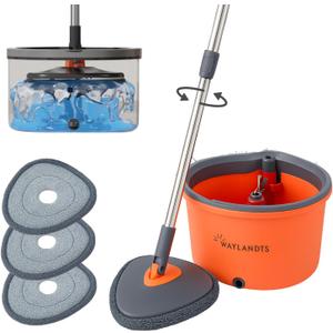 Spin Mop & Tear Drop Bucket Set with 3 Pads - Dual Compartment Design for Clean & Dirty Water, 360 Swivel Mop Head, Built-in Scrubbing Brush, Stainless Steel Handle