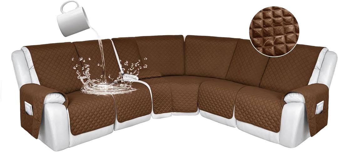 HDCAXKJ 100% Waterproof Reclining Sectional Couch Covers L Shape Recliner Sofa Cover Washable Quilted Soft Pet Dog Corner Recliner Slipcovers with Pockets (5 Seat and 1 Middle Console, Chocolate)